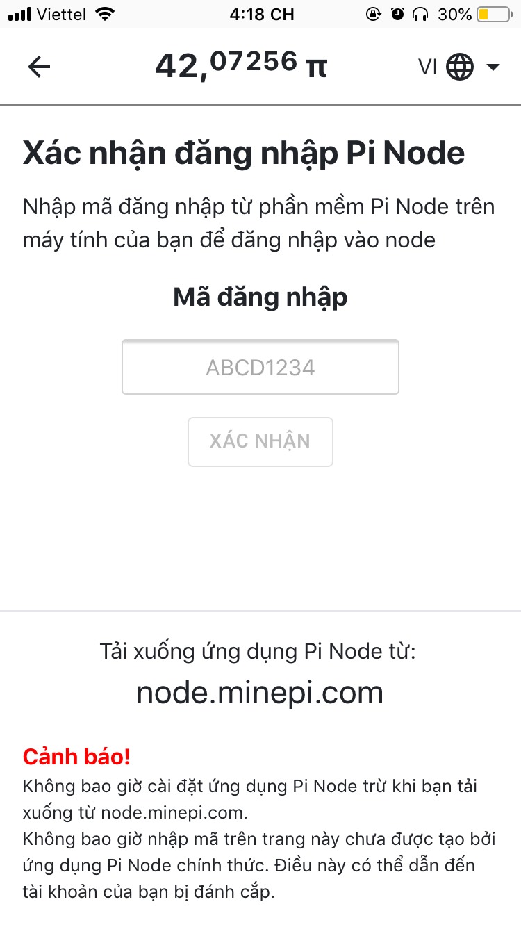 Nhập mã đăng nhập Pi Node