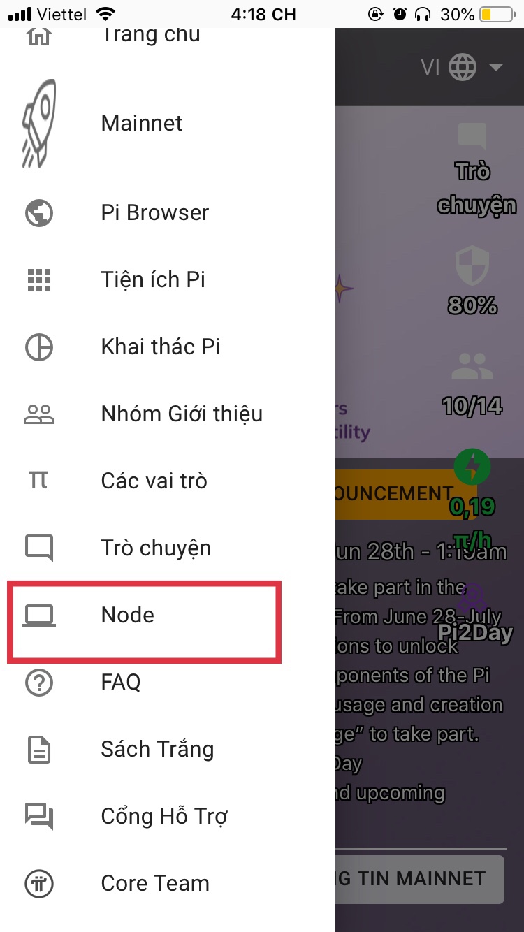 Chọn Node trong Menu app Pi Network