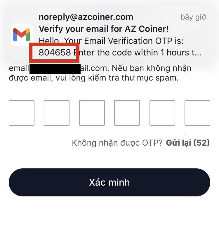 Mã số xác thực gửi qua email