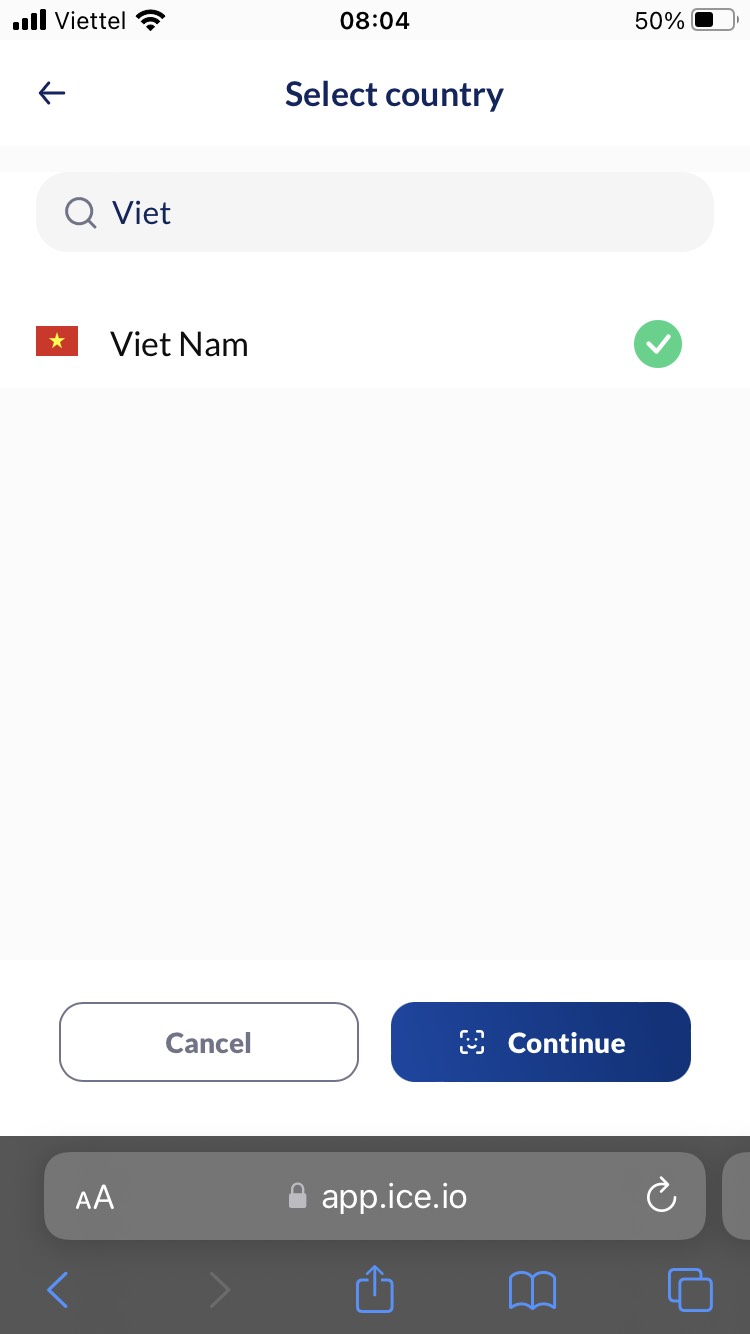 Kyc Ice IOS Iphone bước 1 - chọn Việt Nam