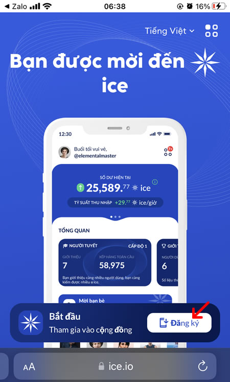 Nhấp đăng ký Ice Network để bắt đầu