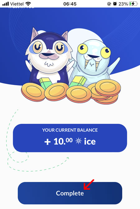 Nhấp hoàn tất (complete) để hoàn tất đăng ký Ice Network