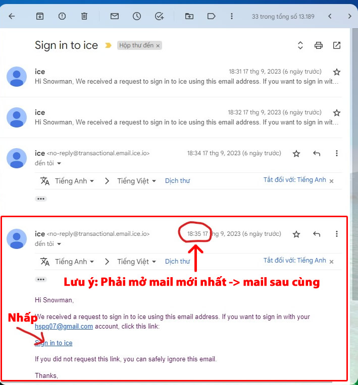 Nhấp "Sign in to ice" của mail mới nhất