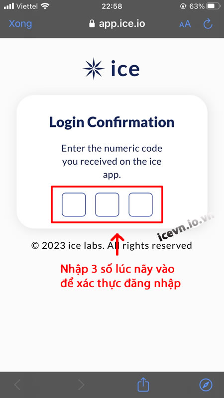 Nhập mã 3 số xác thực đăng nhập ICE