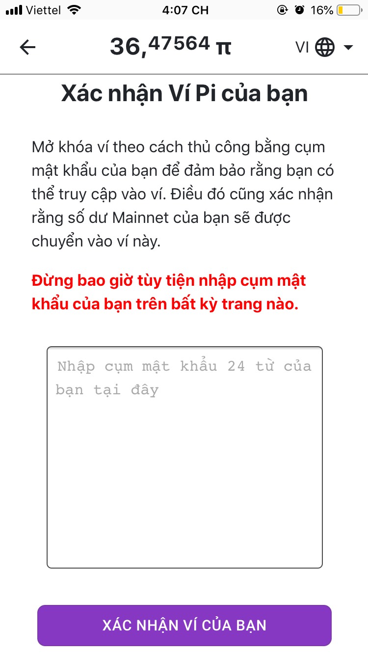 Dán cụm mật khẩu 24 từ để xác thực ví Pi